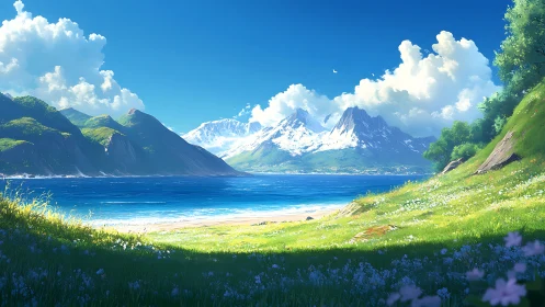 Gentle coastal meadow opens onto bright mountains and sea