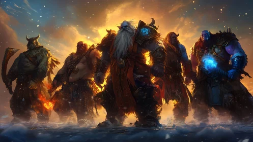 Fantasy warriors stand in fiery sunset on frozen battlefield.