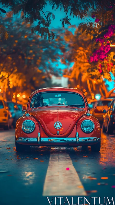 Crimson vintage Beetle glowing under neon twilight trees.