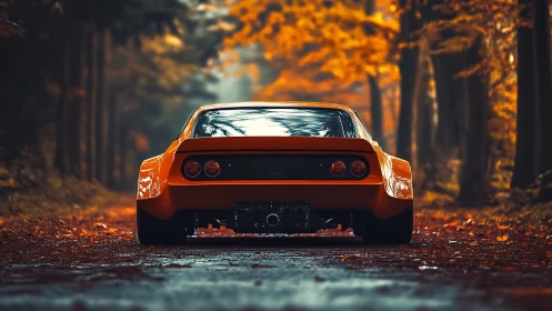 Bright orange sports car resting on a peaceful autumn road.