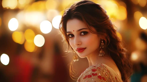 Cinematic portrait of woman in festive bokeh lighting environment