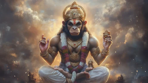 Radiant Hanuman deity sits in celestial golden storm clouds