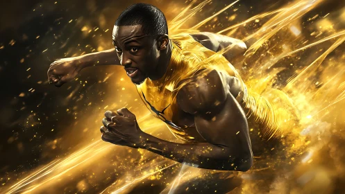 Sprinter carves molten gold trails through a storm of light