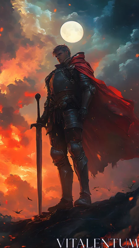 Lone armored knight stands vigilant beneath a blazing moonlit sky