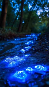 Bioluminescent blue stream bubbles glowing through forest.