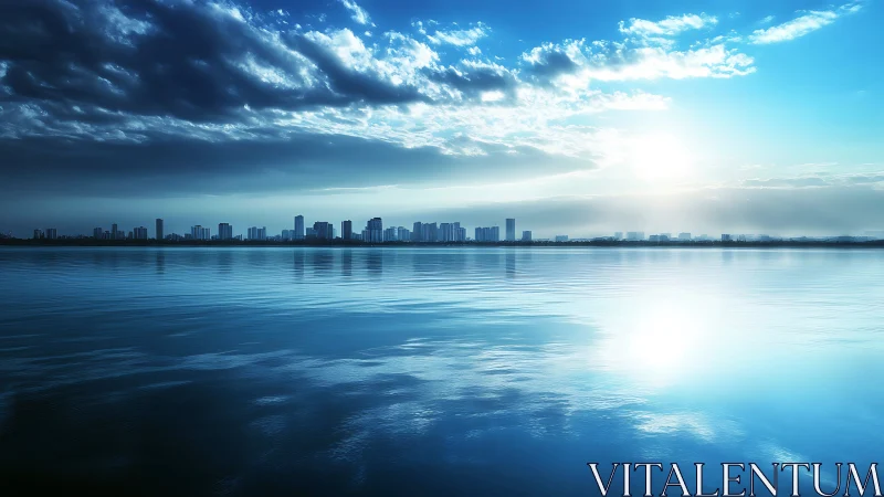 Reflective blue skyline glows over tranquil urban waterfront.
