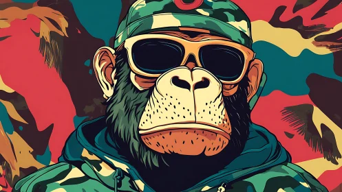 Camouflage streetwear chimp portrait in bold pop colors.