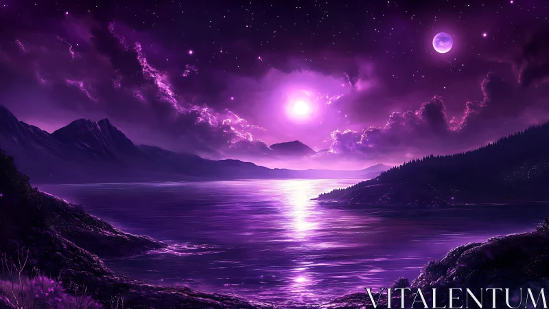Spectral violet alien seascape under dual moons and volumetric clouds