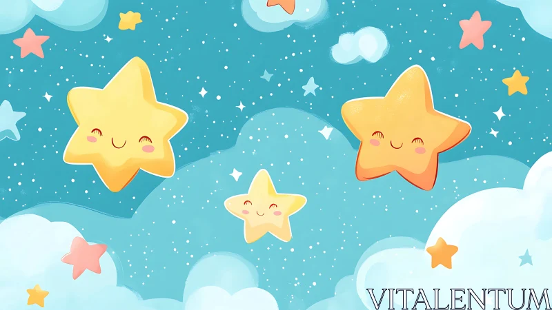 Smiling cartoon stars floating above stylized blue clouds.