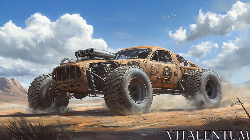 Armored desert muscle car races across windswept wasteland