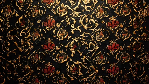 Gold and red ornamental textile pattern on dark ground.