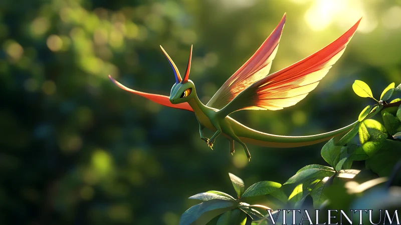 Green winged creature hovers above foliage in backlit forest