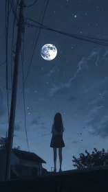 Silhouetted girl studies full moon over suburban skyline