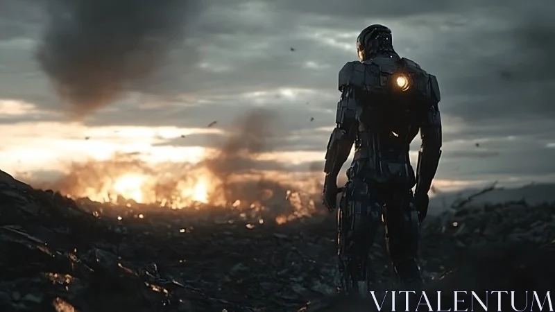 Armored humanoid mech overlooking incendiary postwar wasteland