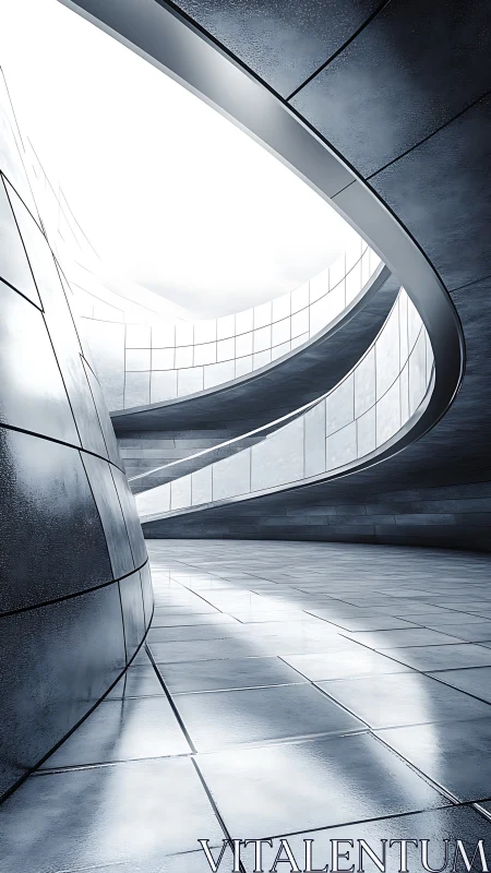 Modern architectural interior with curved concrete surfaces and skylight