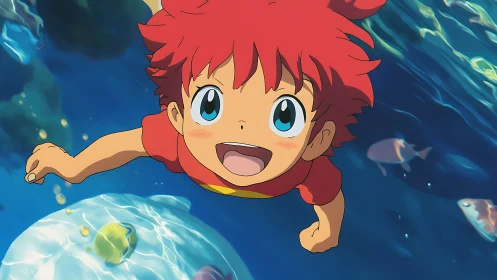Red haired child swimming underwater with marine life.
