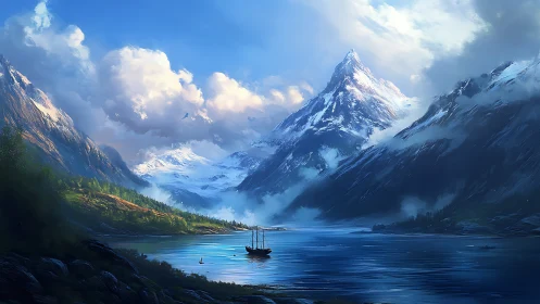 Snowcapped mountain fjord with sailing boat at sunrise.