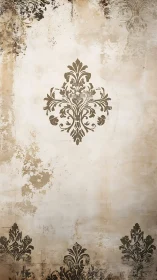 Vintage damask motif on distressed parchment wall surface.