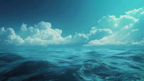 Wide-angle seascape renders volumetric clouds and dynamic waves
