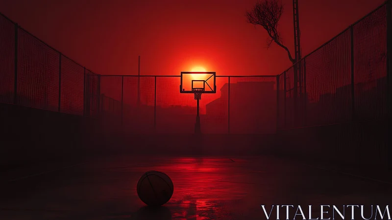 Sunset backboard swallows the last shot on a red court