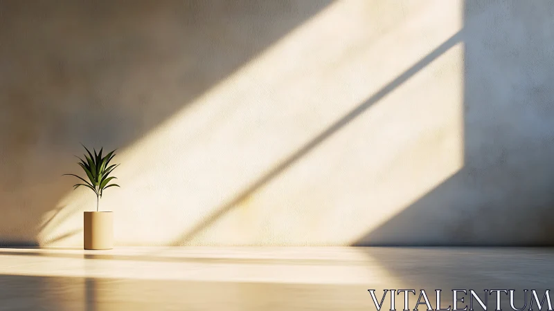 Minimalist plant study in directional sunlight on plaster wall.