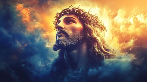 High-contrast divine portrait with volumetric clouds and halo light