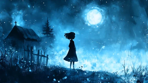 Moonlit silhouette beside rural chapel in spectral blue.