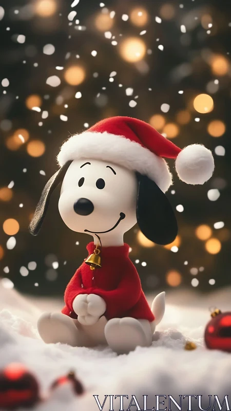 Snowy beagle in Santa hat basking in glowing yuletide magic.