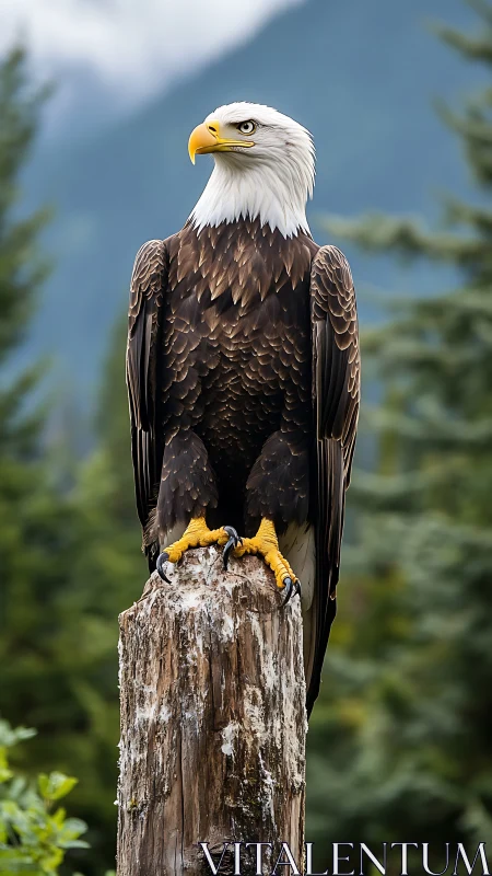 Calm mountain lookout with a proud bald eagle perched high.