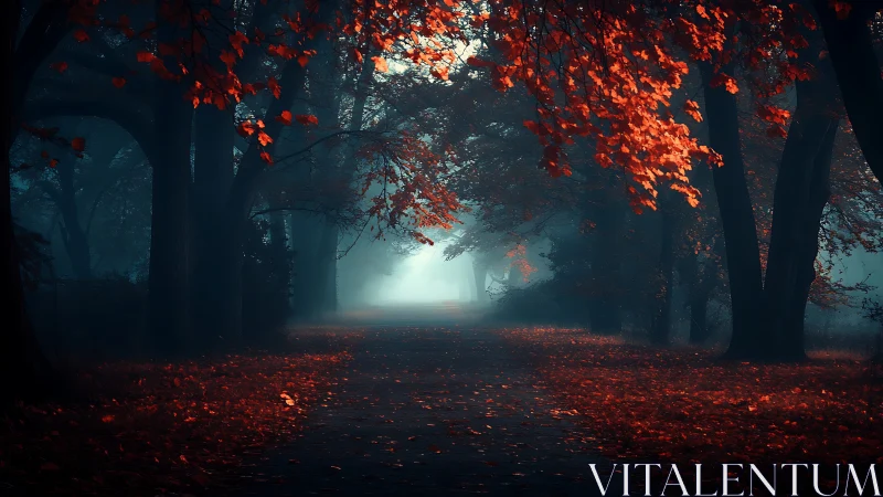 Moody forest path framed by dark trees and red leaves.
