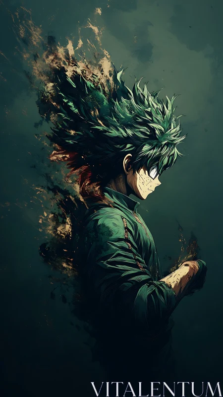 Brooding green haired anime hero in dissolving energy silhouette.