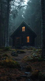 Illuminated Woodland Cottage Among Towering Evergreens in Mist.