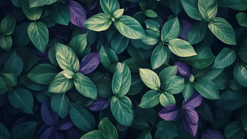 Verdant and violet foliage pattern in soft moody light.