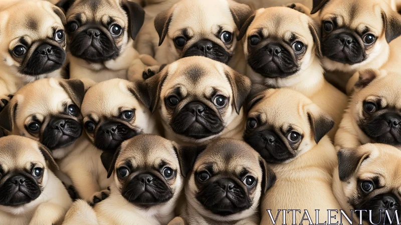 Dense arrangement of uniformly lit fawn pug puppies