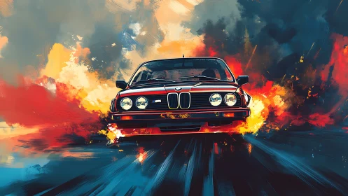 Classic BMW coupe drifting through abstract firestorm clouds