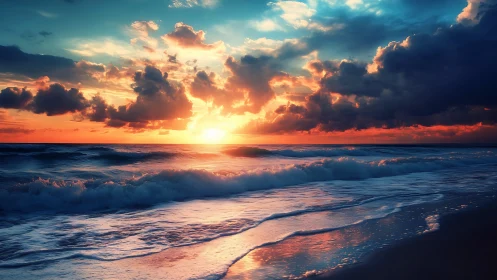 Storm-kissed sunset surf ignites a glowing painterly horizon.