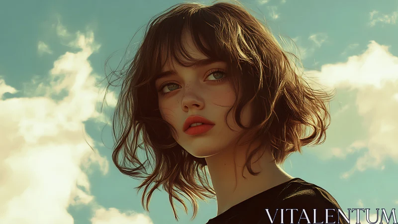 Dreamy young woman gazes skyward under soft golden clouds.