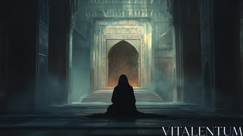 Silent seeker before a luminous ancient doorway of wonder.