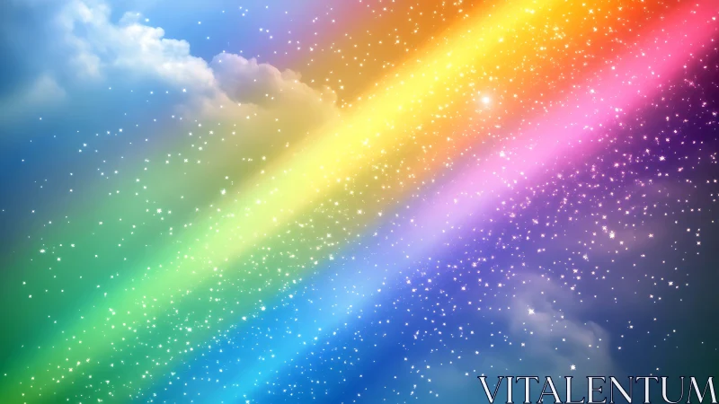 Multicolor diagonal rainbow bands over starry luminous clouds