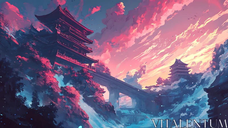 Elevated pagoda bridge spans spectral valley in neon dusk light