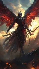 Armored fallen angel dominates infernal sky with burning wings