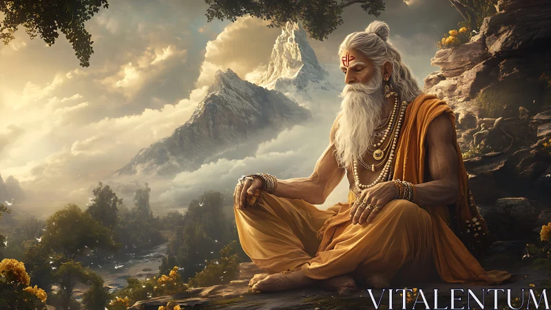 Mountain sage in golden meditation above cloudlit valleys.