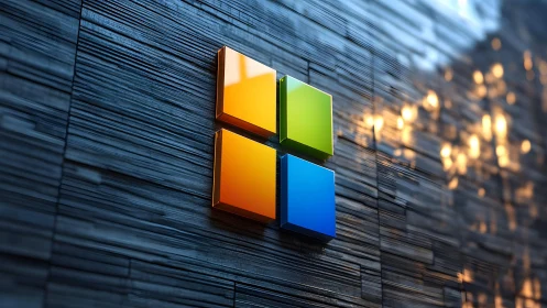Modern Microsoft logo on textured wall with dramatic lighting.