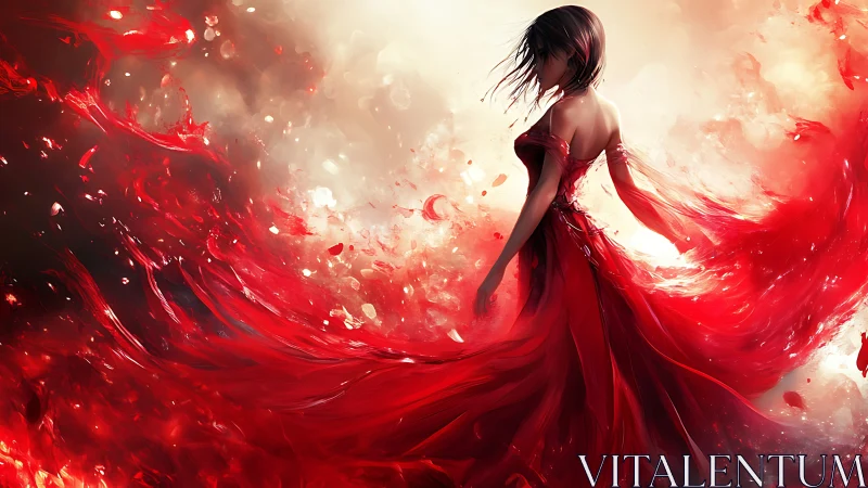 Scarlet-clad woman dissolves into swirling light and embers