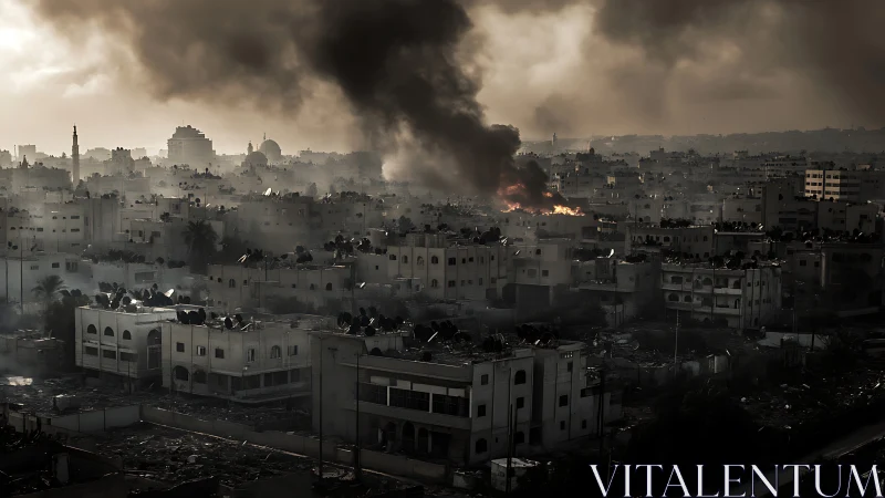 Somber city skyline shrouded in smoke, holding quiet stories.