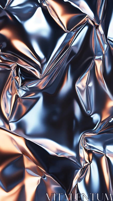 Molten metallic folds shimmer in soft blue and amber light.