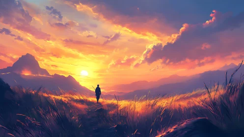 Solitary figure traverses luminous valley under blazing sunset