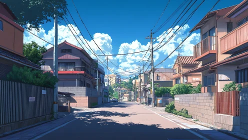 Residential Japanese street under clear summer sky at noon.