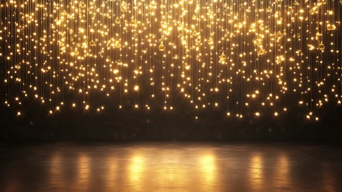 Golden hanging lights illuminate reflective dark floor