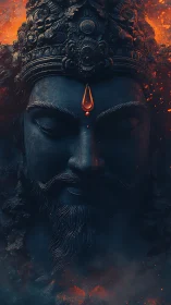 Serene firelit deity face glowing softly in the darkness.